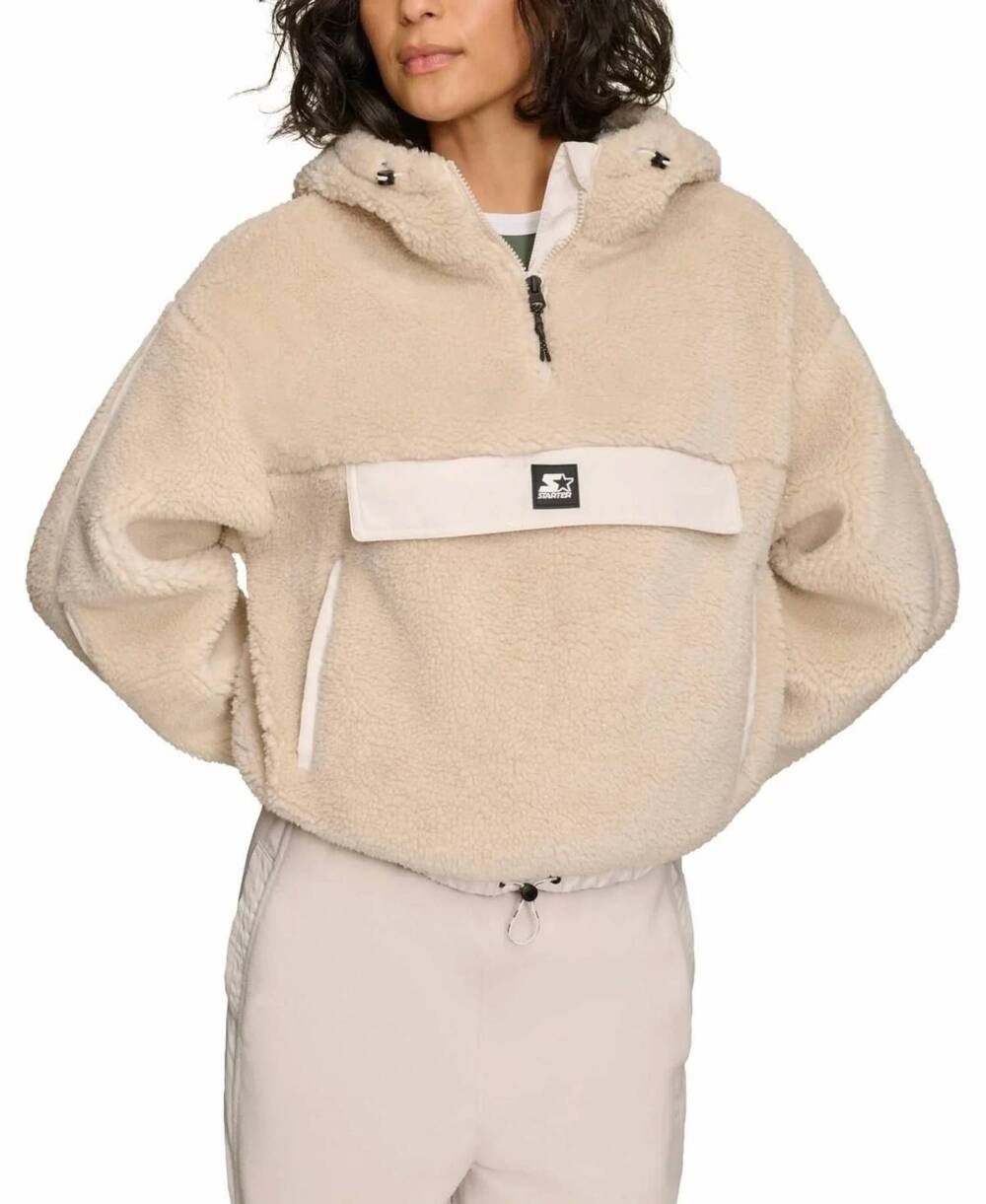 NEW STARTER 1/4-zip sherpa pullover hoodie in sand